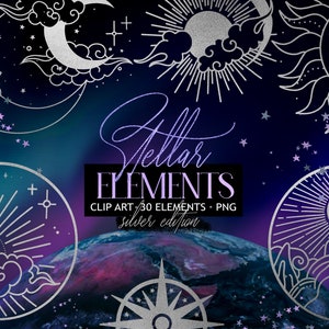 Stern Elements Clipart, Magisches Buch, Astrologie Clip Art, Mond Aufkleber, Schatten Buch Dekor, Sterne und Wolken, digitale Clipart, Stellar Art
