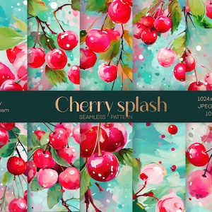 Cherry Splash, Digitales Papier, Nahtloses Muster, Fruit Paper Pack, Kirschmuster, Seamless Crafts print, kommerzielle Lizenz