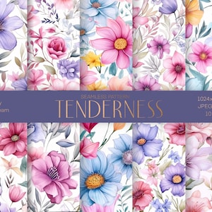 Ternura, Conjunto de patrones sin costuras, Papel de regalo imprimible, Decoración floral Textil, Patrón de diseño de superficie, Bobemian, Descarga instantánea