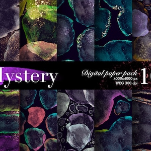 May include: Digital paper pack of 10 abstract watercolor designs in shades of purple, green, blue, and pink with gold glitter accents on a black background. The text "Mystery" and "Digital paper pack 10 4000x4000 px JPEG 300 dpi" is included in the image.
