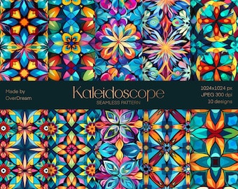Kaleidoscope Digital Paper, Geometric Seamless Pattern, Colorful Paper Pack, Kaleidoscope Crafts print, Wrapping Paper, Instant download