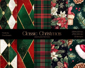 DIGITAL PAPER Bundle, Classic Christmas Seamless Texture Pack, Scrapbooking Craft Supplies, Winter Wallpaper, Christmas Wrapping paper