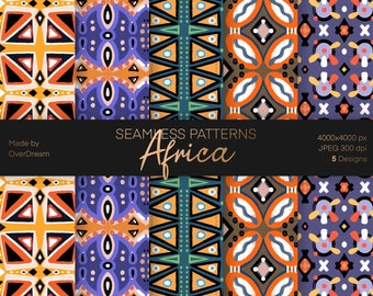 May include: Five seamless patterns featuring colorful geometric designs inspired by African art. The patterns are in shades of yellow, orange, blue, green, and purple. The text "Seamless Patterns Africa" is displayed at the top of the image.