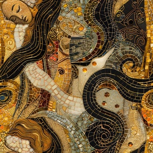 May include: Abstract mosaic artwork featuring a swirling pattern of black, gold, and white tiles. The design includes stylized figures and geometric shapes.