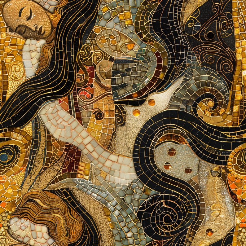 May include: Abstract mosaic artwork featuring a swirling pattern of black, gold, and white tiles. The design includes stylized figures and geometric shapes.
