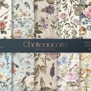Motif Chateaucore vintage avec fleurs, éléments de la campagne française - Papier numérique sans couture, impression sur tissu, papier peint, téléchargement immédiat