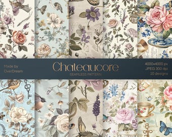 Vintage Chateaucore Pattern with Flowers, French countryside elements  – Seamless Digital Paper, Fabric Print, Wallpaper, Instant Download