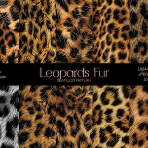 Könnte beinhalten: Zehn nahtlose digitale Muster mit Leopardenfell in verschiedenen Farben und Mustern. Die Muster sind 1024x1024 Pixel groß und haben eine Auflösung von 300 dpi. Der Text "Leopards Fur" wird in goldener Schrift auf schwarzem Hintergrund angezeigt.