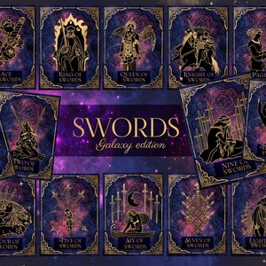 Peut inclure: Un jeu de 10 cartes de tarot repr&eacute;sentant le costume des &Eacute;p&eacute;es. Les cartes ont un fond de galaxie avec des accents dor&eacute;s et pr&eacute;sentent des illustrations de personnages et d'&eacute;p&eacute;es. Les cartes sont &eacute;tiquet&eacute;es avec le costume et le num&eacute;ro, comme "As d'&Eacute;p&eacute;es" et "Deux d'&Eacute;p&eacute;es".