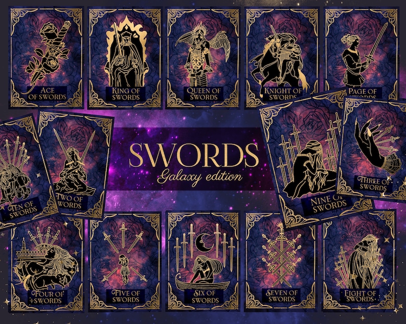 Peut inclure: Un jeu de 10 cartes de tarot repr&eacute;sentant le costume des &Eacute;p&eacute;es. Les cartes ont un fond de galaxie avec des accents dor&eacute;s et pr&eacute;sentent des illustrations de personnages et d'&eacute;p&eacute;es. Les cartes sont &eacute;tiquet&eacute;es avec le costume et le num&eacute;ro, comme "As d'&Eacute;p&eacute;es" et "Deux d'&Eacute;p&eacute;es".