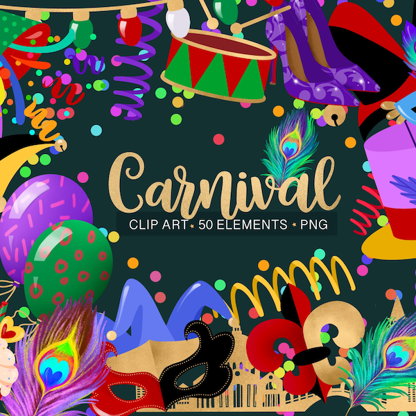 Venise Carnaval Clip Art, Party Clip Art, Carnaval Thème Decor, Carnaval Objets, Planificateur Autocollants, Cartes, Autocollants numériques, PNG, Isolé