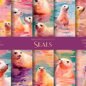 May include: A collection of ten seamless patterns featuring watercolor illustrations of seals in a colorful aquatic environment. The seals are depicted in various poses, with a palette of pink, orange, and blue hues. The text "SEALS" is displayed.