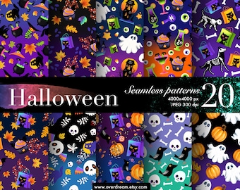 Halloween, naadloze patroonset, texture pack, afdrukbaar inpakpapier, textiel, stof, oppervlakteontwerp, pompoen, skelet, Instant Download