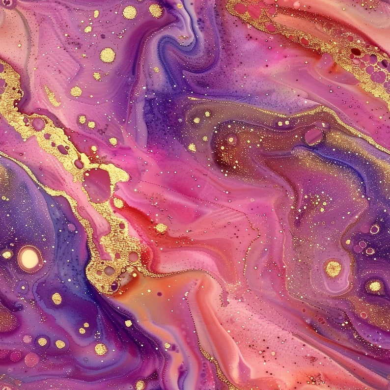Puede incluir: Impresi&oacute;n de arte abstracto con colores rosados, morados y naranjas en espiral con acentos de purpurina dorada.