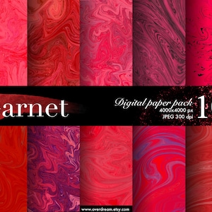 May include: Digital paper pack of 10 red and pink abstract marble patterns. Each pattern is 4000x4000 pixels and 300 dpi. The pack is called "Garnet".