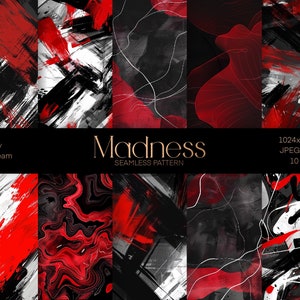 Peut inclure: Un ensemble de 10 motifs numériques sans couture présentant des motifs abstraits en noir, blanc et rouge. Les motifs sont intitulés "Madness" et mesurent 1024x1024 pixels, 300 dpi.