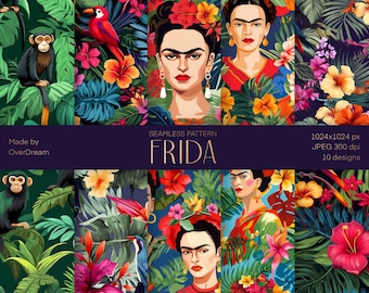 Frida Kalo naadloze patroon set, afdrukbaar inpakpapier, Frida ontwerp, Surface Design patroon, Bobemian, Instant Download