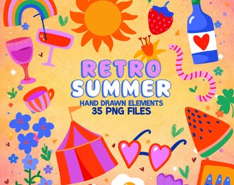 Retro Summer Vibe Clip Art, Canva Clip Art, Party Theme Decor, Ready to print poster, Planner Stickers, Cards , Digital Stickers, Isolated