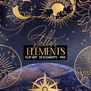 Stellaire elementen clipart, magisch boek, astrologie illustraties, maanstickers, schaduwboek decor, sterren en wolken, digitale clipart, stellaire kunst