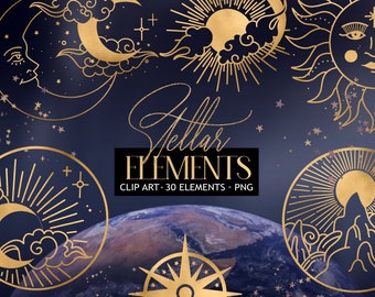 Stellar Elements Clipart, Magic Book, Astrology Clip Art, Moon Stickers, Shadow Book Decor, Stars and Clouds, Digital clipart, Stellar Art