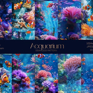 Acquarium Digital Paper, Marine Life Seamless Pattern, Corals and Fish Collage Paper Pack, Sea Life Crafts print, Acquarium Wrapping Paper