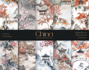 DIGITAL PAPER Bundle, China Seamless Texture Pack, Scrapbooking Craft Supplies, Fabric Print, China ink style illustration