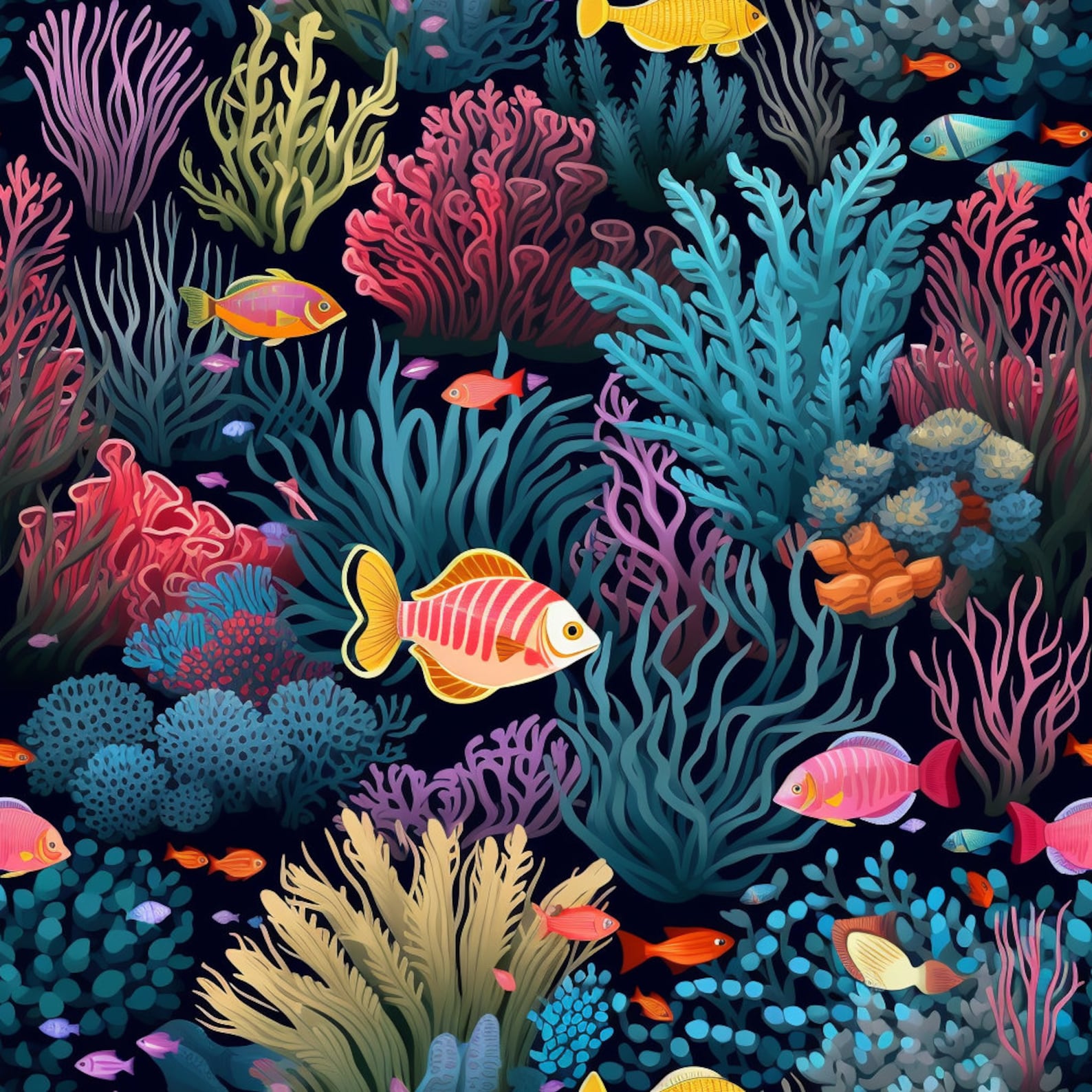 Underwater Digital Paper, Marine Life Seamless Pattern, Corals and Fish ...