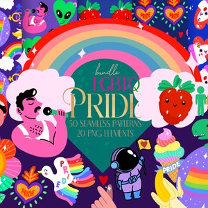 Könnte beinhalten: Ein digitales Illustrationspaket mit LGBTQ+ Pride-Motiven. Das Paket enthält 50 nahtlose Muster und 20 PNG-Elemente. Die Illustrationen zeigen Regenbögen, Herzen, Erdbeeren, einen Dinosaurier, ein Einhorn und eine Person, die in ein Mikrofon singt.