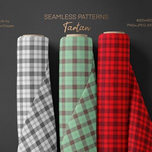 May include: Three rolls of fabric with different tartan patterns. The patterns are black and white, green and brown, and red and black. The fabric is 4000x4000 pixels and 300 dpi.
