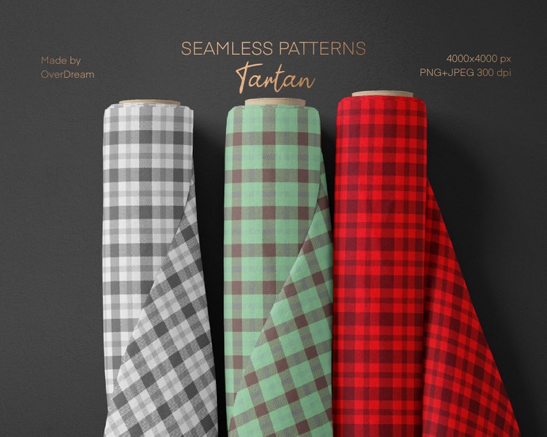May include: Three rolls of fabric with different tartan patterns. The patterns are black and white, green and brown, and red and black. The fabric is 4000x4000 pixels and 300 dpi.