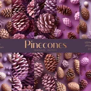 Peut inclure: Dix motifs sans couture représentant des pommes de pin roses et brunes sur un fond violet. Les motifs mesurent 1024x1024 pixels et 300 dpi. Le texte "Pinecones" est en lettres dorées et le texte "Seamless Pattern" est en lettres blanches.