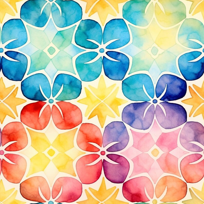 May include: A seamless pattern of watercolor flowers in shades of blue, purple, red, and yellow. The flowers are arranged in a repeating pattern, with each flower overlapping the next. The background is a light cream color.