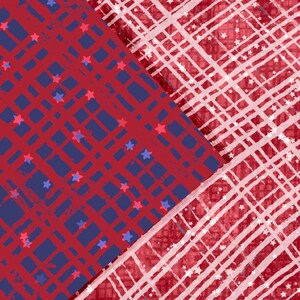 以下が含まれることがあります： 赤と青のパターンが施された生地に、白いグリッドパターンが重ねられています。生地は、手描きのような質感があります。