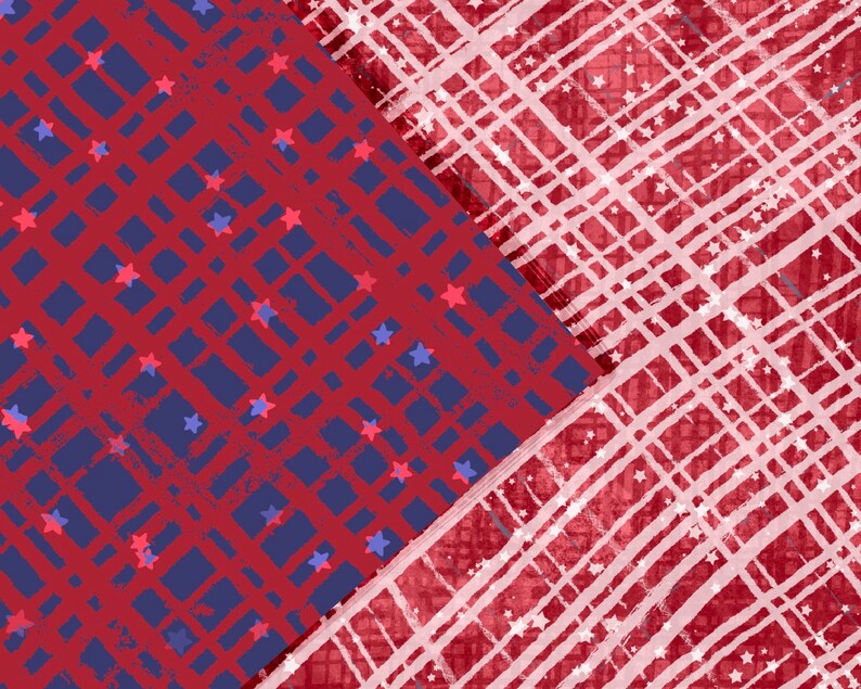 以下が含まれることがあります： 赤と青のパターンが施された生地に、白いグリッドパターンが重ねられています。生地は、手描きのような質感があります。