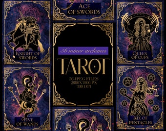 Tarot Clip Art, Witchy Cards Constellation,Tarot Cards Gold Galaxy Edition, Tarot Major Archana Cards Design, Tarot Reader, 56 Minor Archana