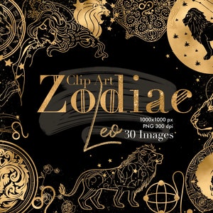 星座クリップ アート、獅子座、占星術クリップ アート、ライナー ドロー、デジタル プランナー、星座、金色のインク、星座
