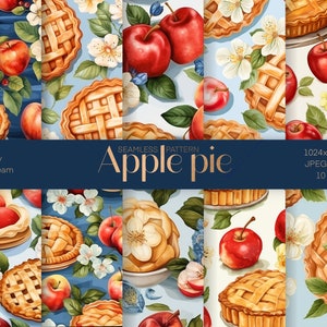 Conjunto de padrões sem costura de torta de maçã, papel de embrulho para impressão, padrão alimentar, design de superfície, arte em aquarela, design de download instantâneo