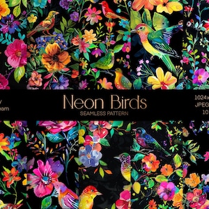 Puede incluir: Un patrón sin costuras que presenta pájaros y flores de neón vibrantes sobre un fondo negro. El patrón está formado por 10 diseños diferentes, cada uno con una combinación única de colores y formas. Los pájaros se representan en una variedad de poses, algunos volando, algunos posados y algunos cantando. Las flores son igualmente diversas, con una gama de colores y tamaños. El patrón es perfecto para agregar un toque de fantasía y color a cualquier proyecto.