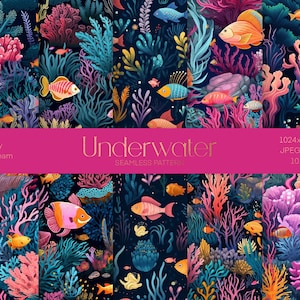 Underwater Digital Paper, Marine Life Seamless Pattern, Corals and Fish Collage Paper Pack, Sea Life Crafts print, Acquarium Wrapping Paper