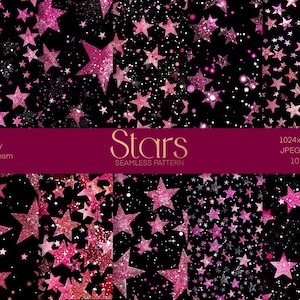 Pode incluir: Dez padrões sem costura com estrelas de glitter rosa sobre um fundo preto. O texto "Stars Seamless Pattern" está no topo da imagem.