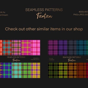 May include: A set of 12 seamless tartan patterns in various colors, including red, blue, green, yellow, purple, and pink. Each pattern is 4000 x 4000 pixels and 300 dpi. The patterns are perfect for use in digital and print projects.