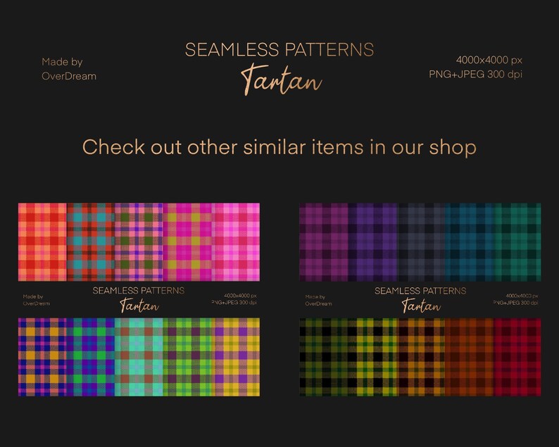 May include: A set of 12 seamless tartan patterns in various colors, including red, blue, green, yellow, purple, and pink. Each pattern is 4000 x 4000 pixels and 300 dpi. The patterns are perfect for use in digital and print projects.