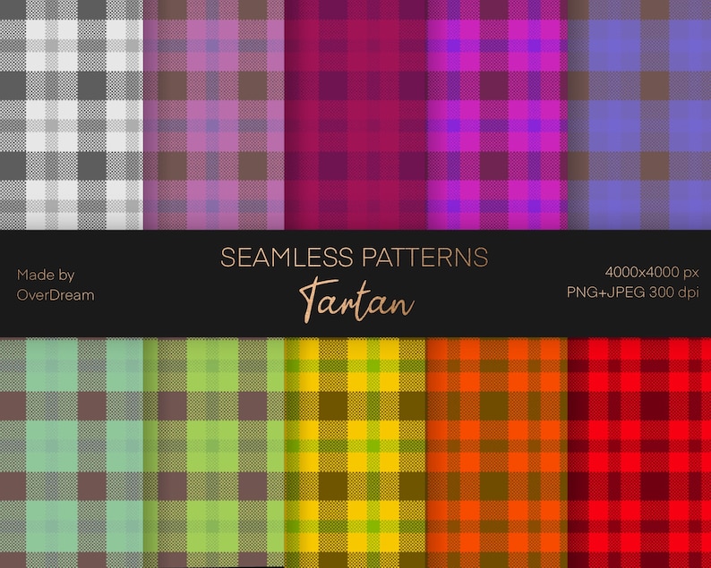 May include: Set of 10 seamless plaid patterns in various colors, including gray, pink, red, purple, blue, green, yellow, orange, and red. The patterns are 4000x4000 pixels and 300 dpi. Made by OverDream.