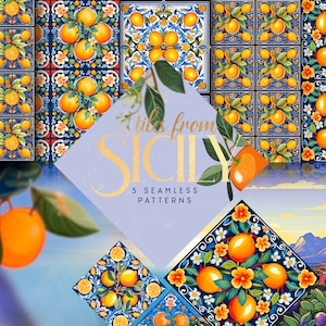 May include: Five seamless patterns featuring colorful Sicilian tiles with lemons and flowers. The tiles are arranged in a grid pattern and have a blue and white background. The text "Tiles from Sicily" is written in gold lettering on a purple background.