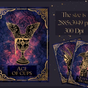 Peut inclure: Carte de tarot de l'As de Coupes avec un cadre dor&eacute; et un fond de galaxie. La carte repr&eacute;sente un calice dor&eacute; avec un oiseau &agrave; l'int&eacute;rieur et un liquide qui coule. Le texte "ACE OF CUPS" est &eacute;crit sous le calice.