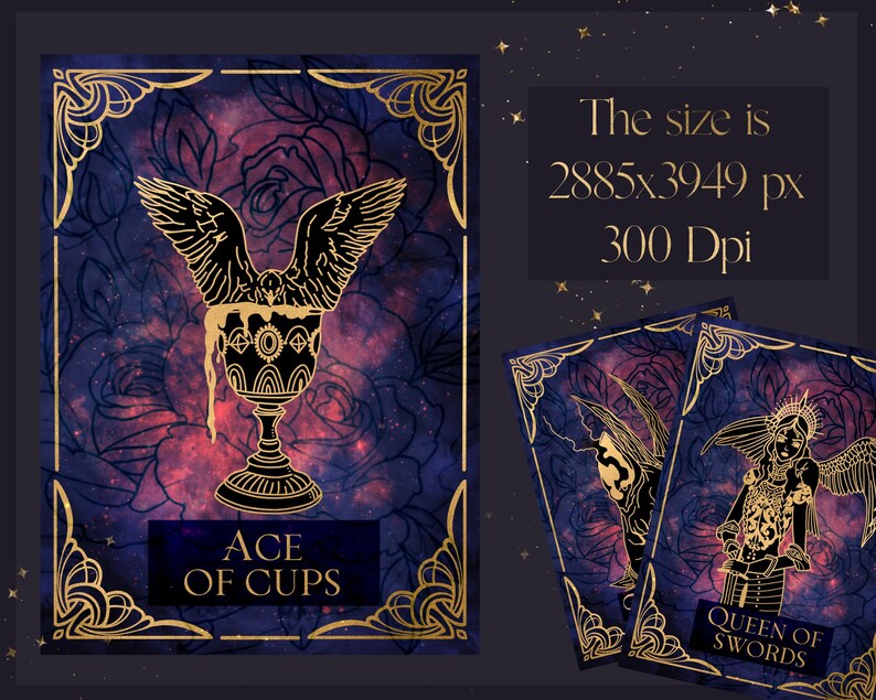 Peut inclure: Carte de tarot de l'As de Coupes avec un cadre dor&eacute; et un fond de galaxie. La carte repr&eacute;sente un calice dor&eacute; avec un oiseau &agrave; l'int&eacute;rieur et un liquide qui coule. Le texte "ACE OF CUPS" est &eacute;crit sous le calice.