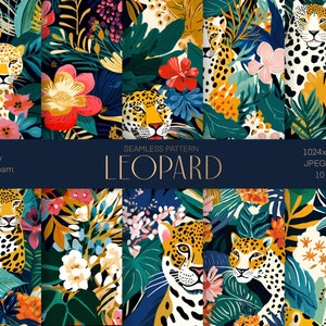 Peut inclure: Dix motifs sans couture représentant des léopards colorés et une végétation tropicale. Les motifs sont sur un fond bleu foncé. Le texte "SEAMLESS PATTERN LEOPARD" est affiché en lettres dorées. Le texte "1024x1024 px JPEG 300 dpi 10 designs" est affiché en lettres blanches.