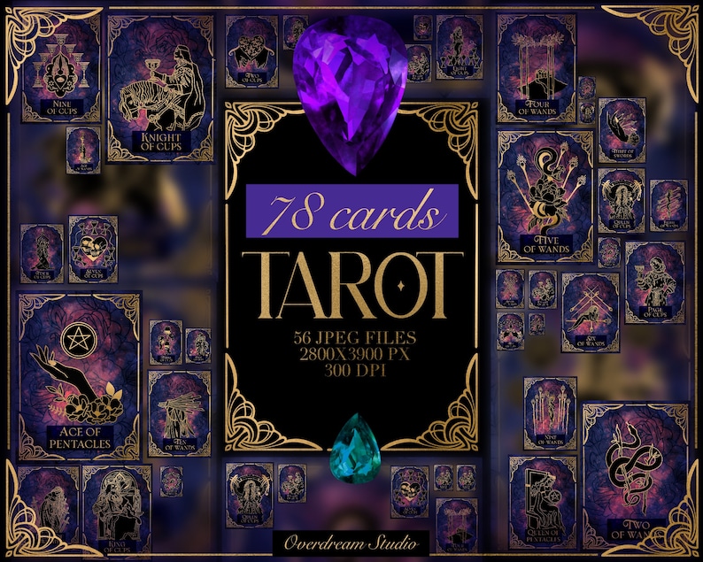 Peut inclure: Un jeu de 78 cartes de tarot avec un sch&eacute;ma de couleurs violet, or et noir. Les cartes pr&eacute;sentent des motifs et des illustrations complexes. Le texte sur l'image indique "78 cartes TAROT 56 FICHIERS JPEG 2800X3900 PX 300 DPI Overdream Studio".