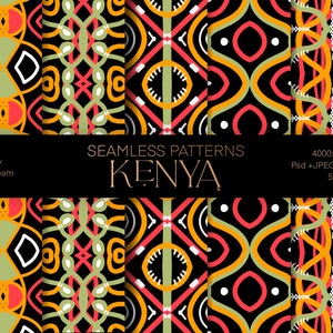 May include: Five seamless patterns inspired by Kenyan art. The patterns feature geometric shapes in black, red, orange, yellow, and green.