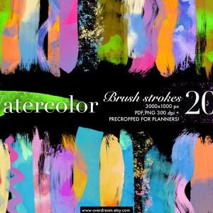 200 Aquarell Striche, vorgeschnittene Aufkleber, helle Farben, PDF Sticker Buch, Pinselstriche Clip Art, Sofort Download, Pinsel, M
